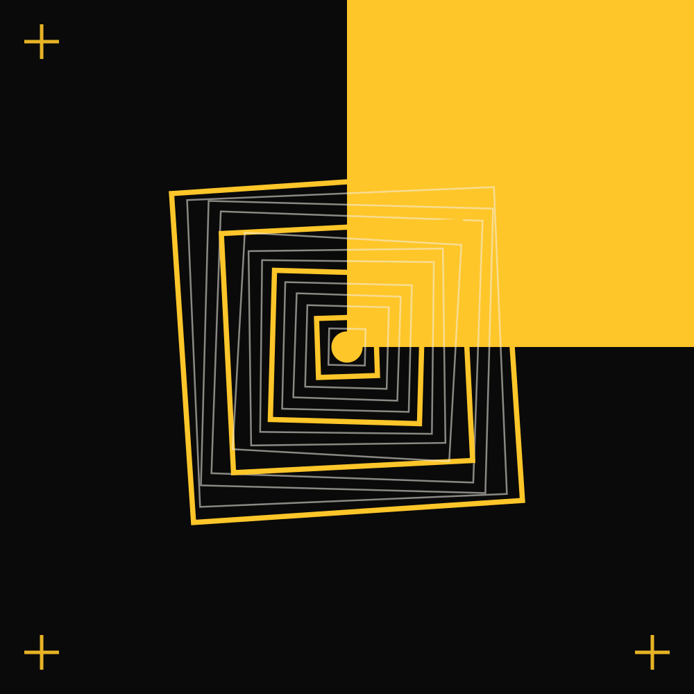 Copertina di Cintura Bianca di Kōhai (VDH-001, 2024): quattordici quadrati concentrici ruotati a caso su fondo nero, con un quarto giallo in alto a destra.